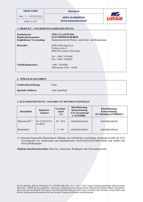 Sicherheitsdatenblatt,URSA GLASSWOOL
